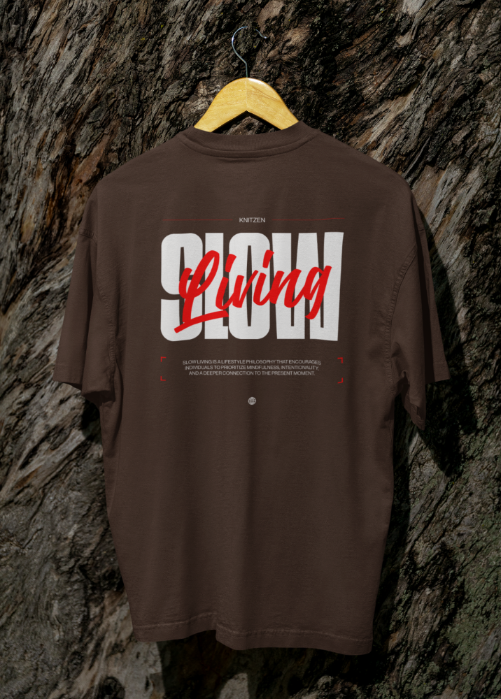 Brown Oversized Printed Tshirt with Slow Living design