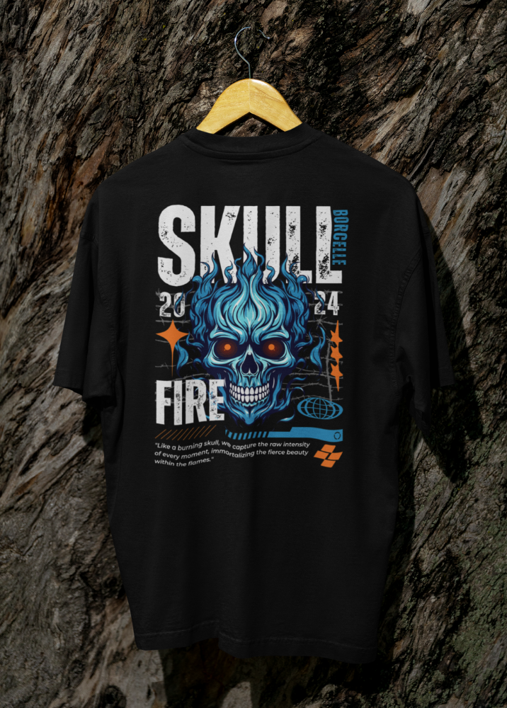 Black Oversized Printed Tshirt with Skull Fire design