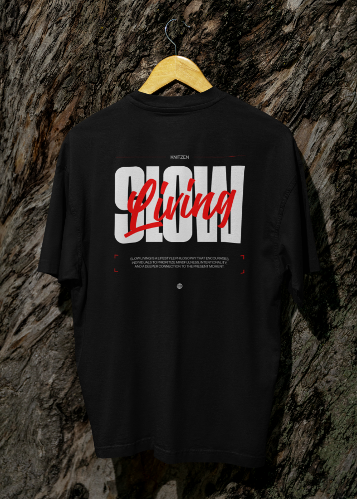 Black Oversized Printed Tshirt with Slow Living design