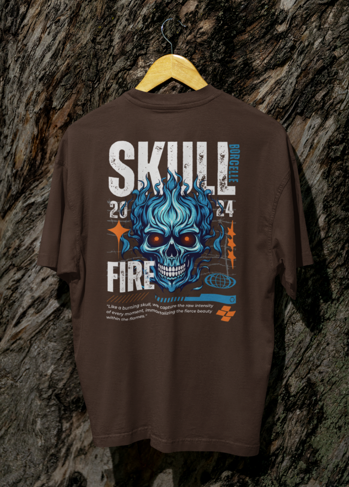 Brown Oversized Printed Tshirt with Skull Fire design