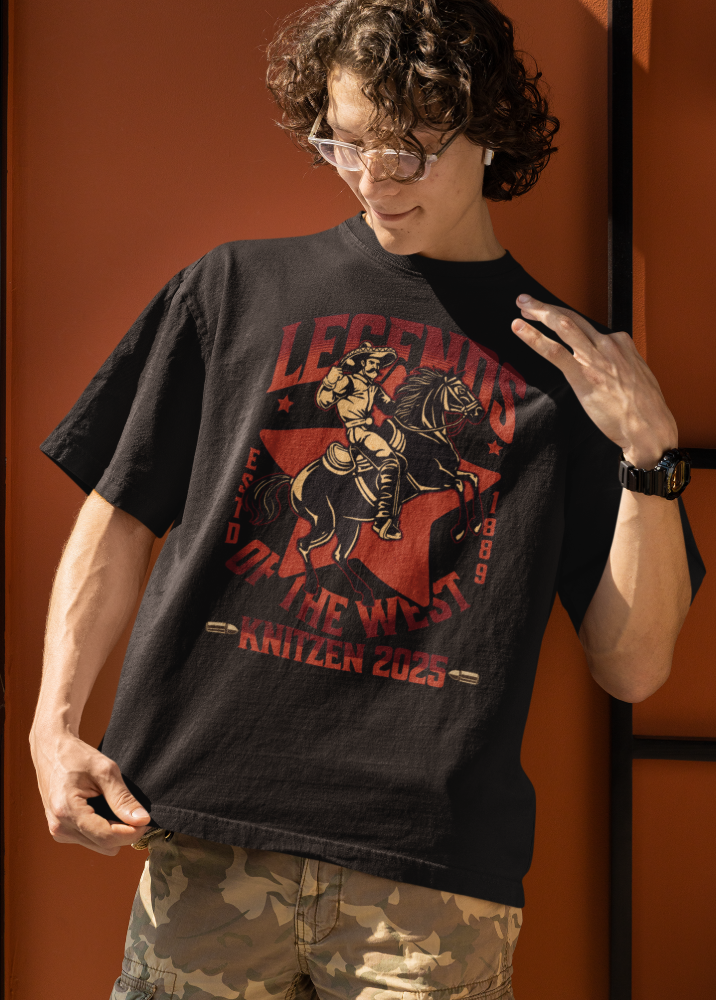 Black Oversized Printed Tshirt with Legend Of The West design