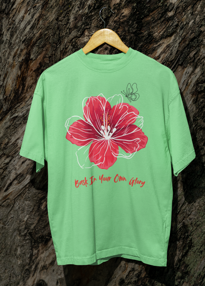 Green Oversized Printed Tshirt with Bask In Your Own Glory Design