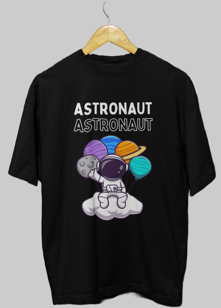Black Oversized Printed Tshirt with Astronaut & Planets Design
