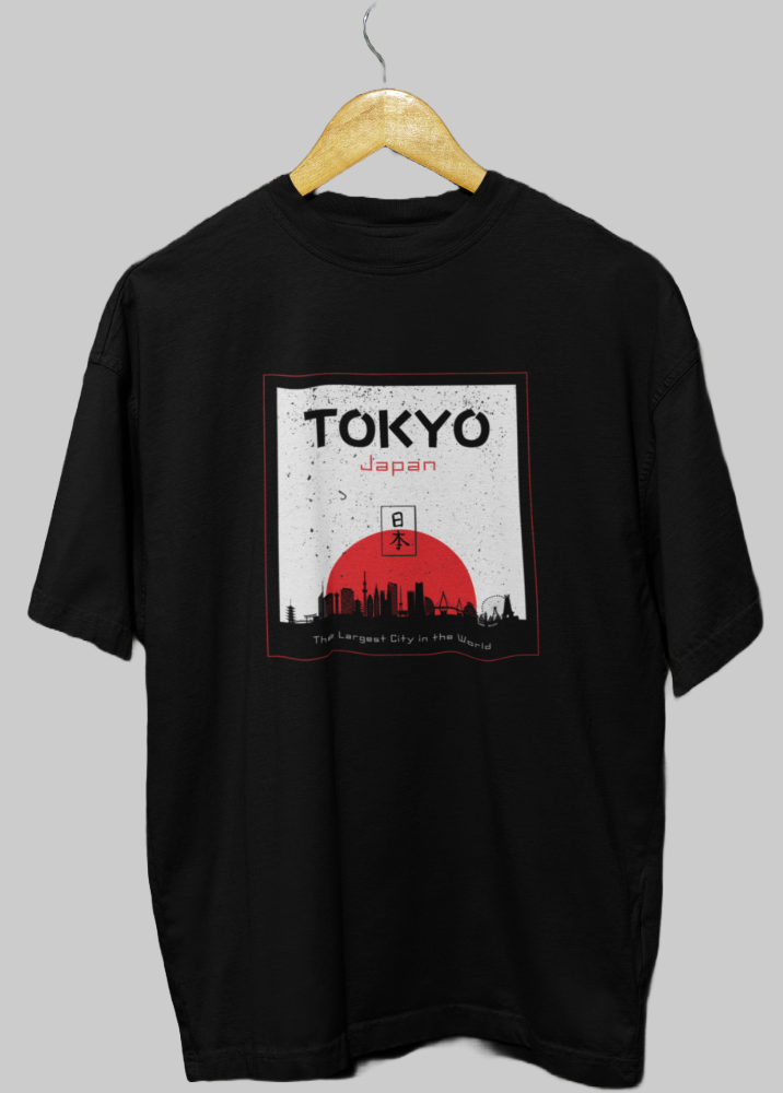 Black Oversized Printed Tshirt with Tokyo Design