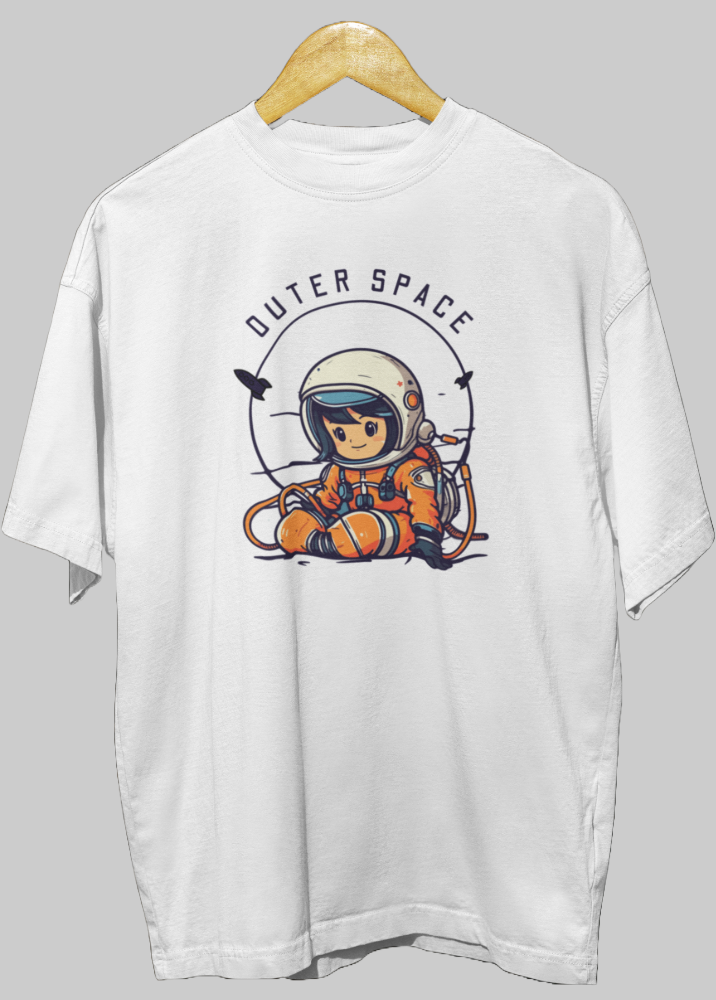 White Oversized Printed Tshirt with Outer Space Design
