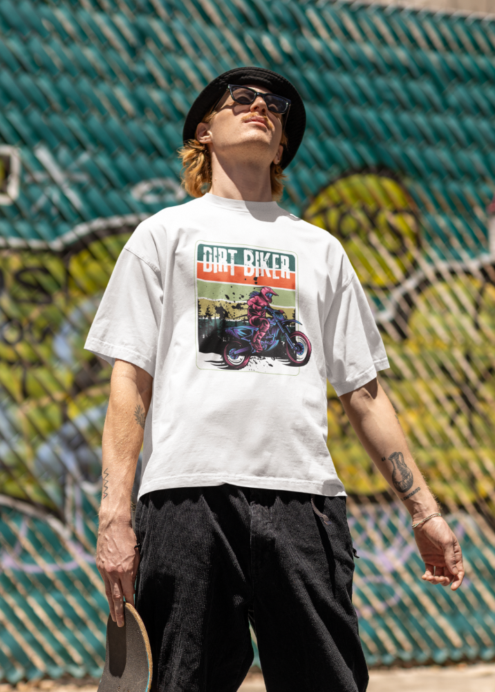 White Oversized Printed Tshirt with Dirt Biker Design