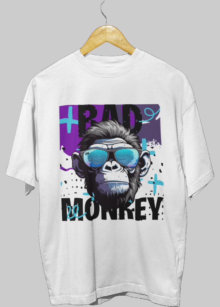 White Oversized Printed Tshirt with Bad Monkey Design