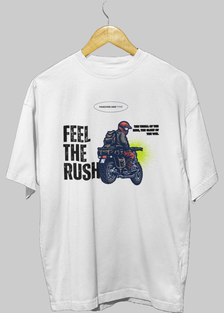 White Oversized Printed Tshirt with Feel The Rush Design