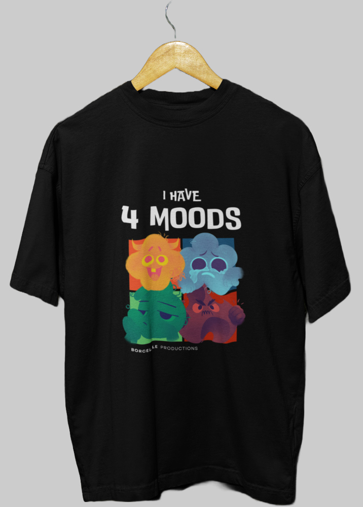 Black Oversized Printed Tshirt with I have 4 Moods Design