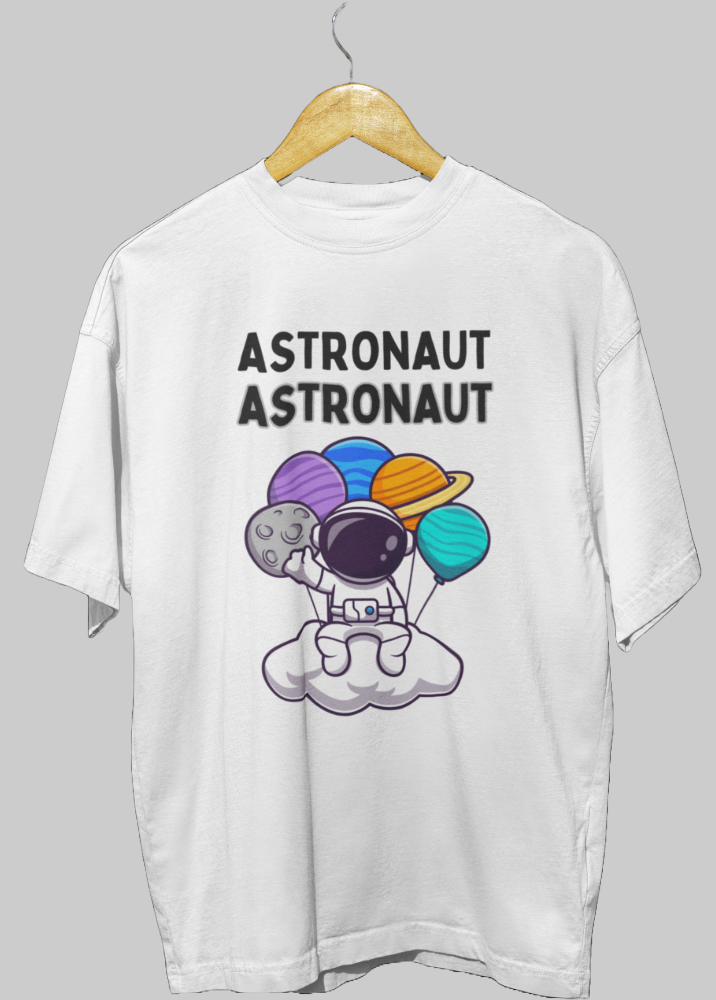 White Oversized Printed Tshirt with Astronaut & Planets Design