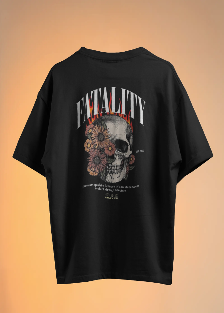 Black Oversized Printed Tshirt with Fatality design