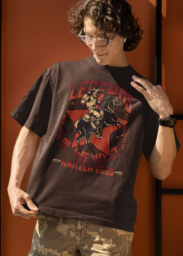 Brown Oversized Printed Tshirt with Legend Of The West design