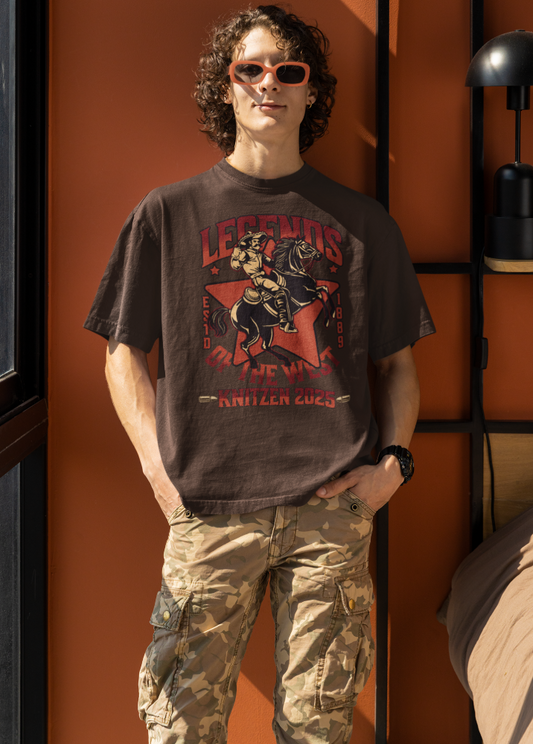 Brown Oversized Printed Tshirt with Legend Of The West design