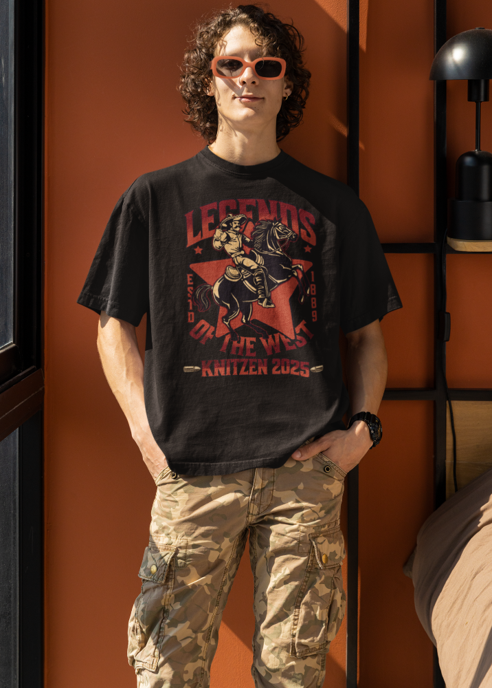 Black Oversized Printed Tshirt with Legend Of The West design