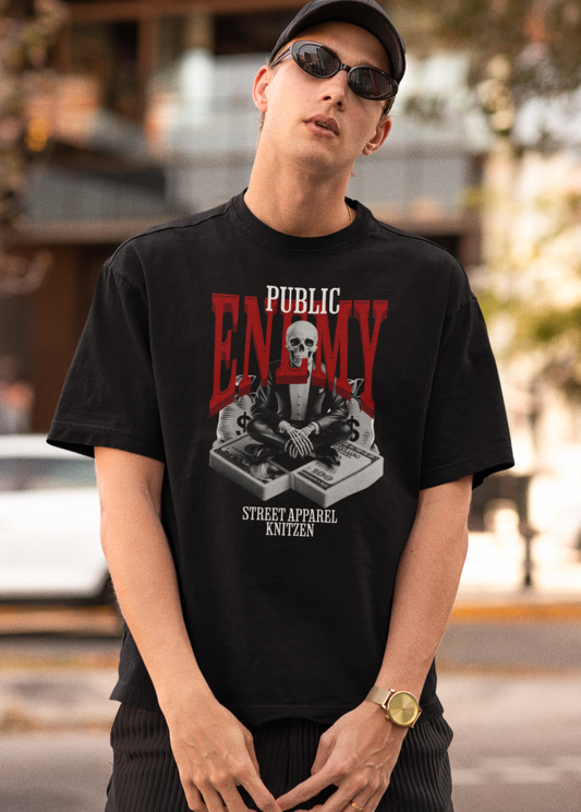Black Oversized Printed Tshirt with Enemy design