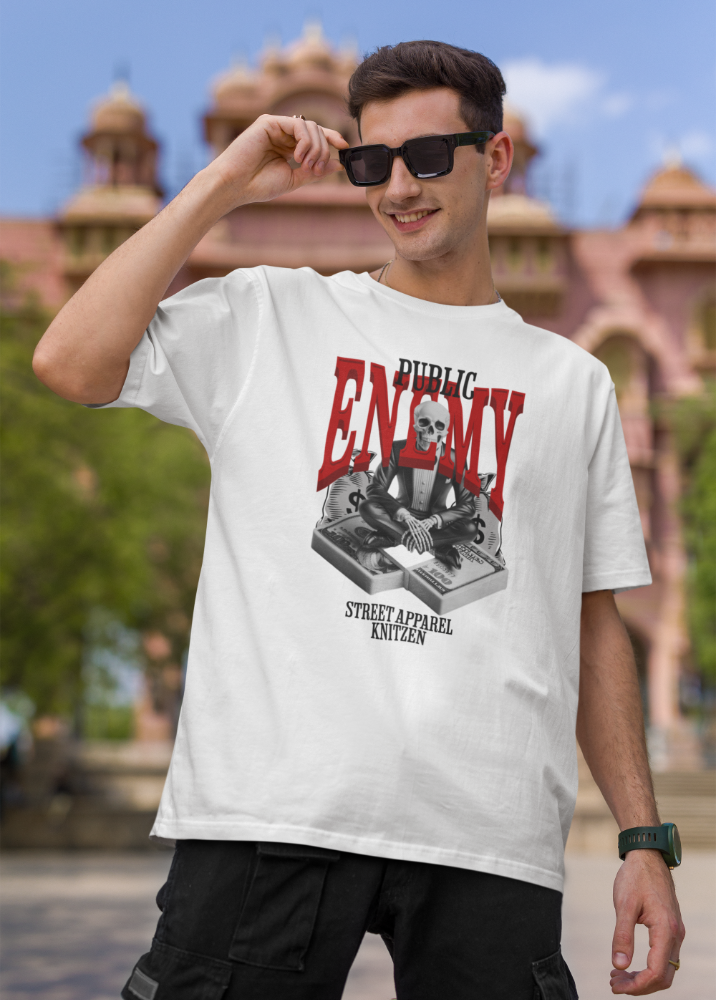 White Oversized Printed Tshirt with Enemy design