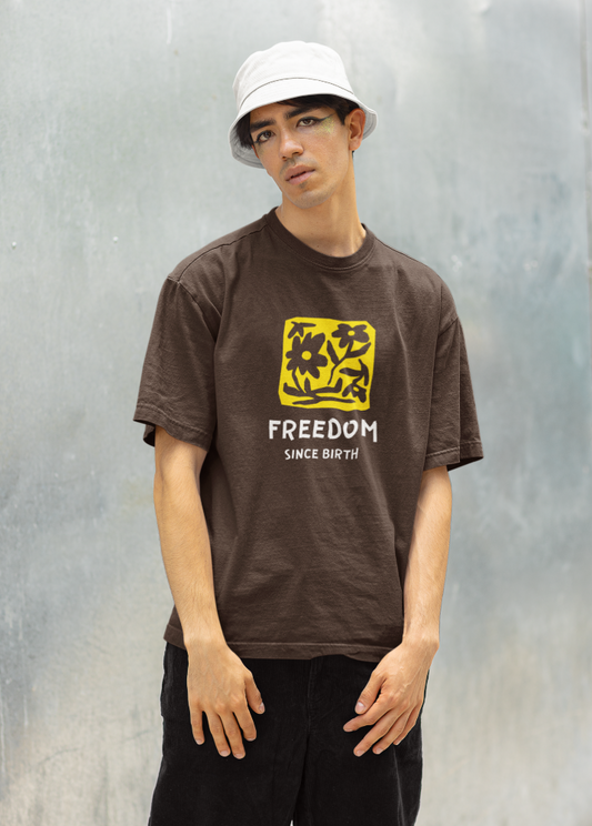 Brown Oversized Printed Tshirt with Freedom Since Birth design