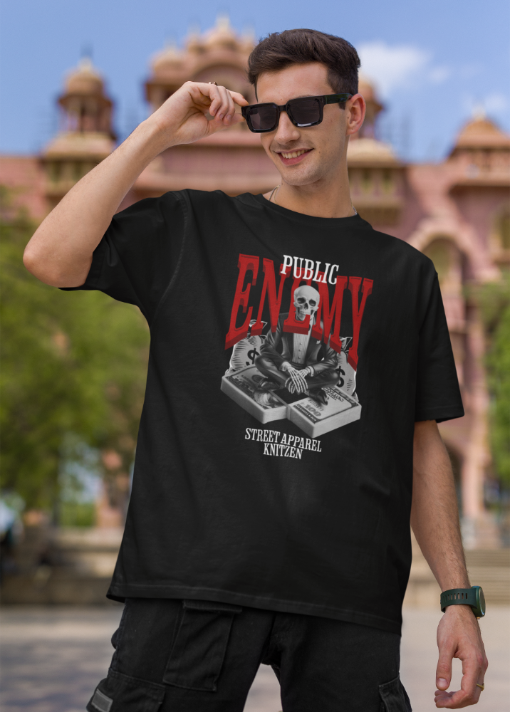 Black Oversized Printed Tshirt with Enemy design