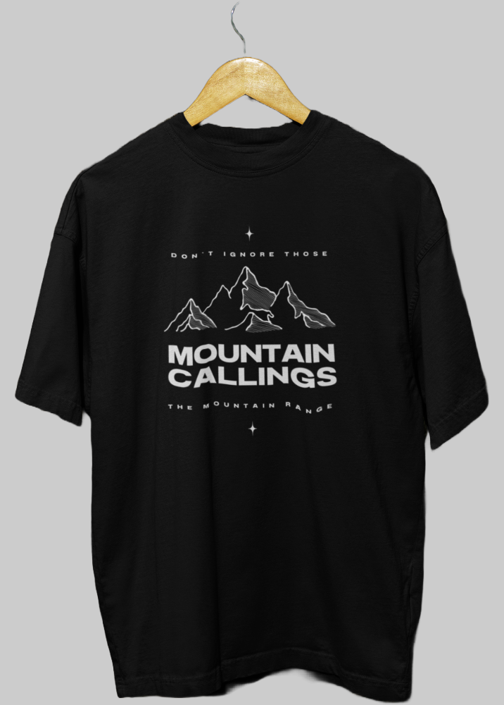 Black Oversized Printed Tshirt with Mountain Callings Design