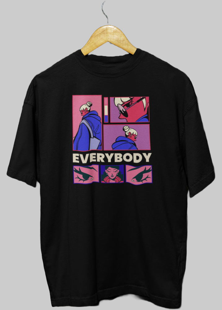 Black Oversized Printed Tshirt with Everybody Design