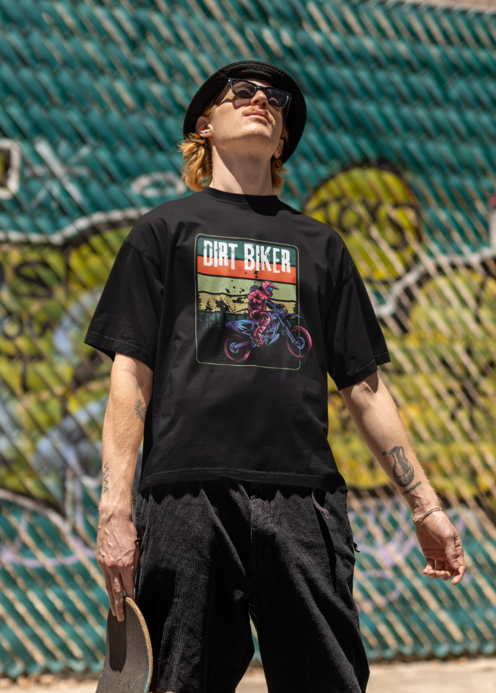 Black Oversized Printed Tshirt with Dirt Biker Design