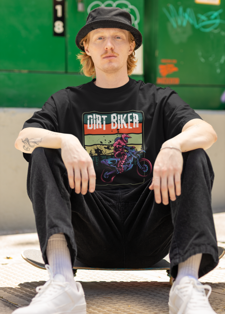 Black Oversized Printed Tshirt with Dirt Biker Design