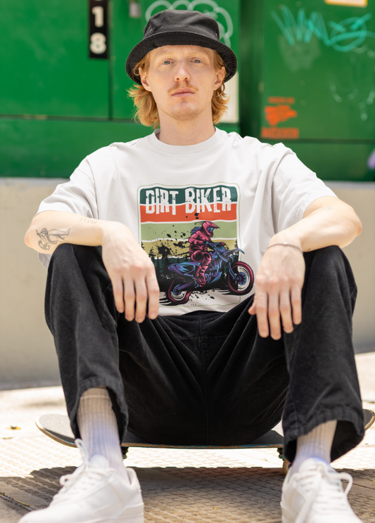 White Oversized Printed Tshirt with Dirt Biker Design