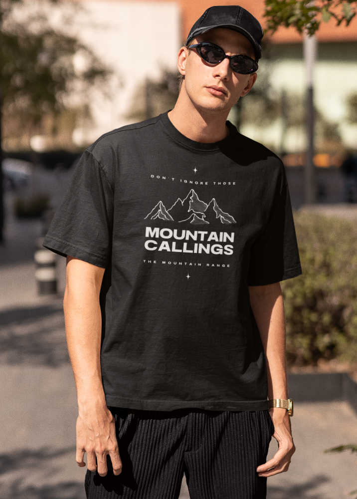 Black Oversized Printed Tshirt with Mountain Callings Design