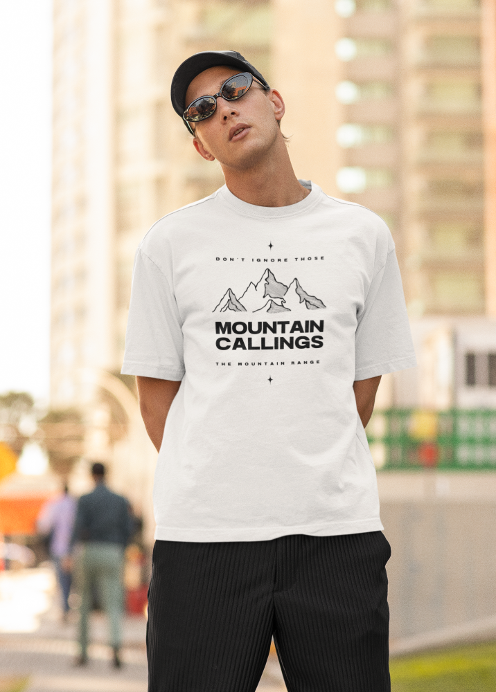 White Oversized Printed Tshirt with Mountain Callings Design