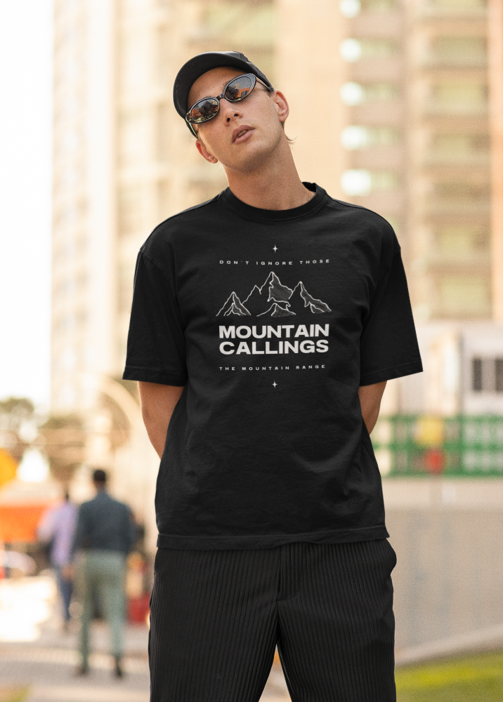 Black Oversized Printed Tshirt with Mountain Callings Design