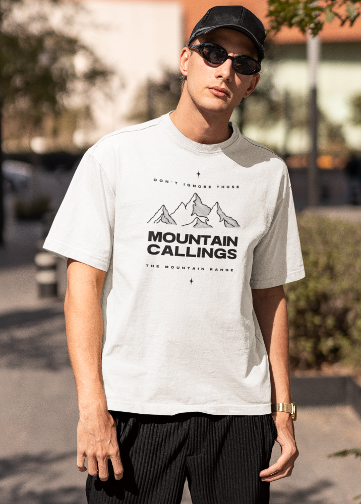 White Oversized Printed Tshirt with Mountain Callings Design