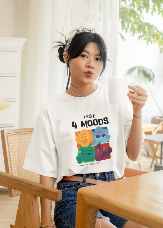 White Oversized Printed Tshirt with I have 4 Moods Design