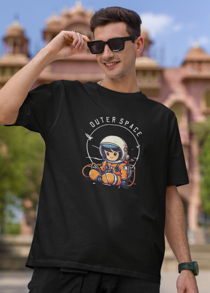 Black Oversized Printed Tshirt with Outer Space Design