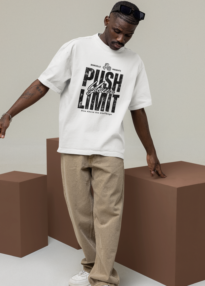 White Oversized Printed Tshirt with Push Your Limit Design