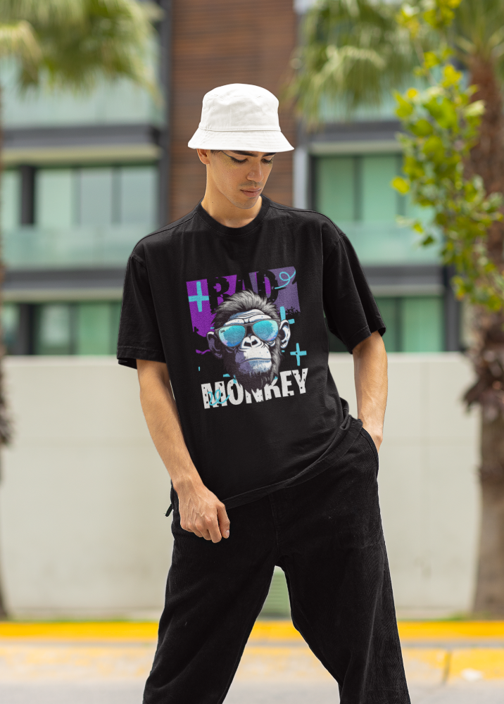 Black Oversized Printed Tshirt with Bad Monkey Design