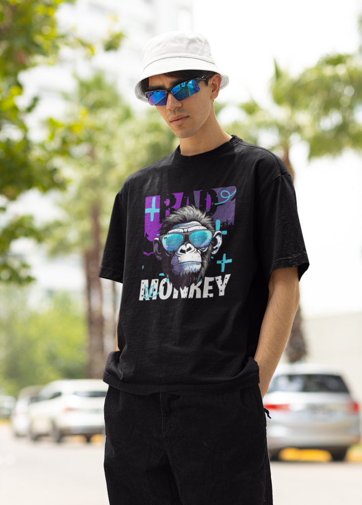 Black Oversized Printed Tshirt with Bad Monkey Design