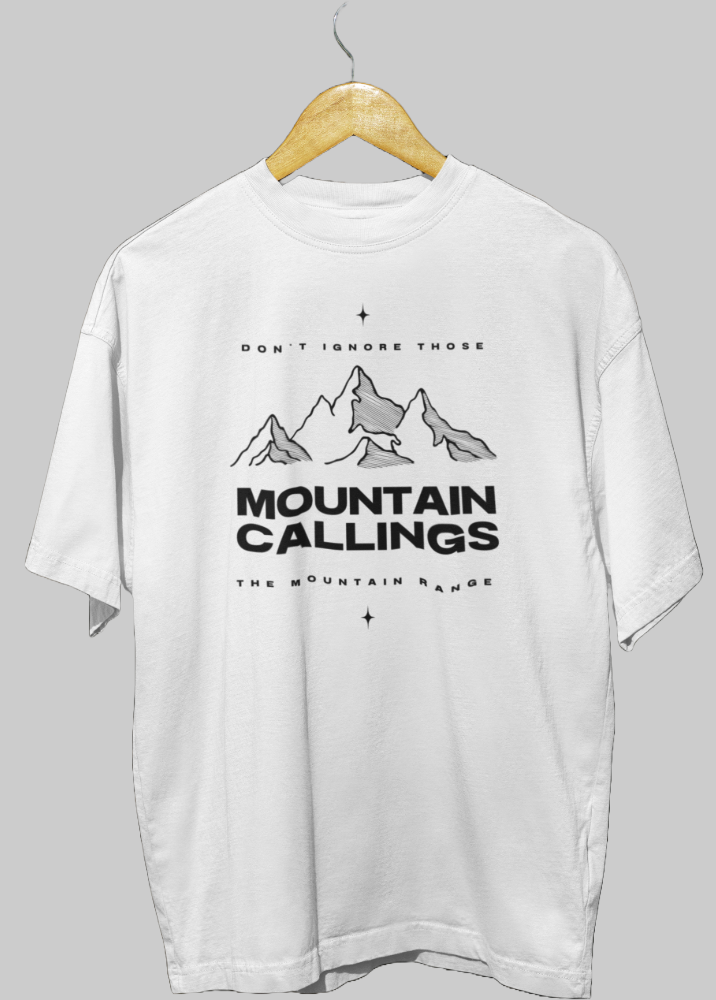 White Oversized Printed Tshirt with Mountain Callings Design