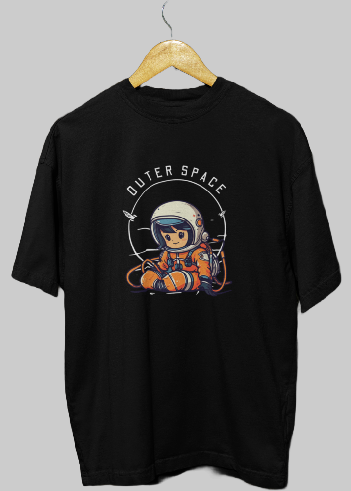 Black Oversized Printed Tshirt with Outer Space Design