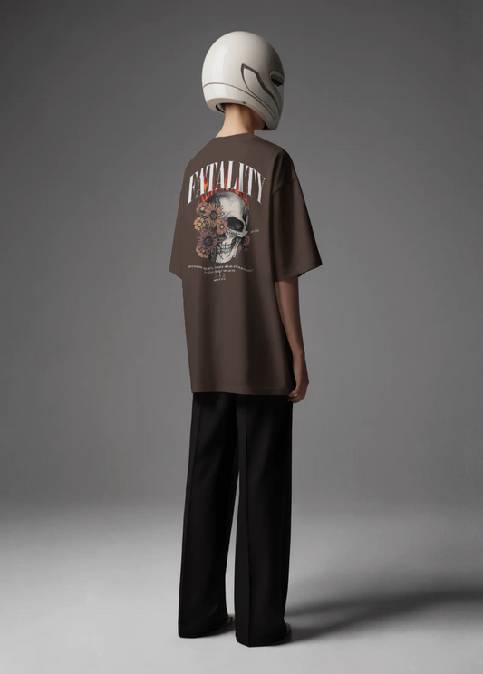 Brown Oversized Printed Tshirt with Fatality design